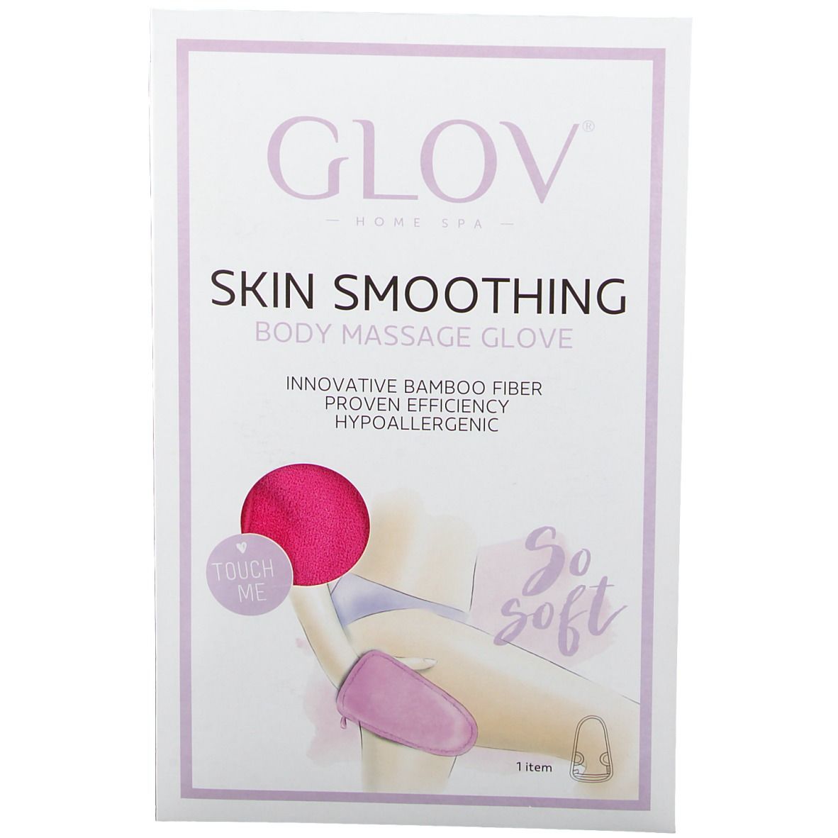 Emballage GLOV Skin Smoothing Body Massage Glove. Gant de massage rose, texte "So soft". Texte: "Innovative Bambusfaser".