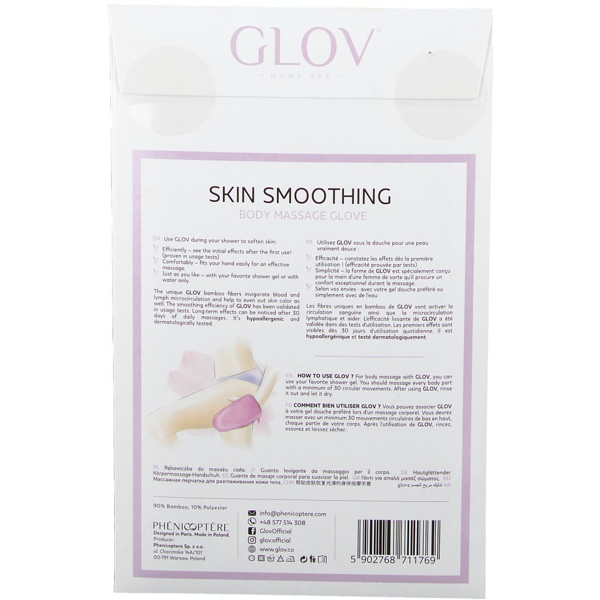 Dos de l'emballage GLOV Skin Smoothing Body Massage Glove. Texte et illustrations d'utilisation. Texte: "Skin Smoothing Body Massage Glove".