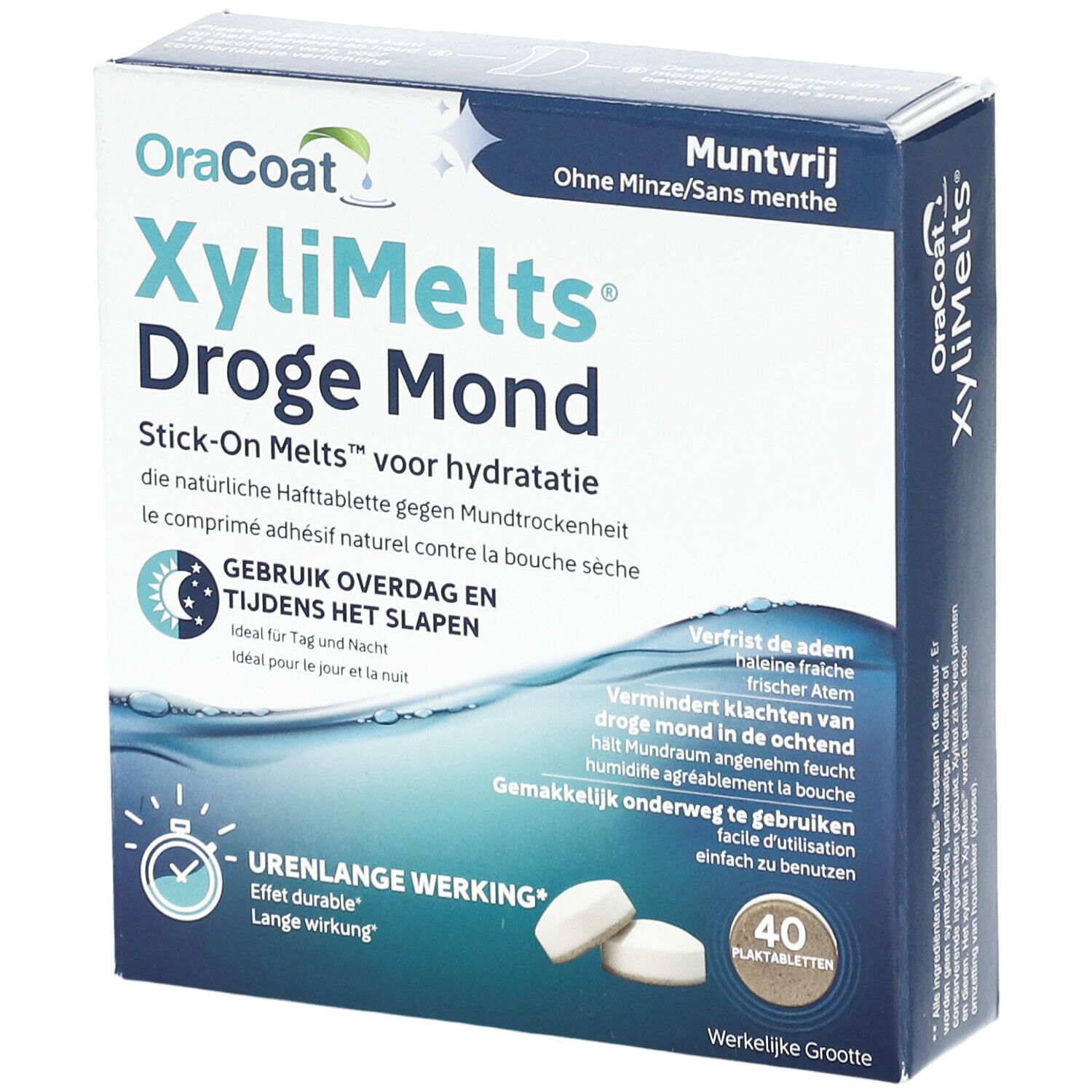Boîte de XyliMelts. Inscription : Droge Mond. Contient 40 comprimés. Deux comprimés sont visibles.