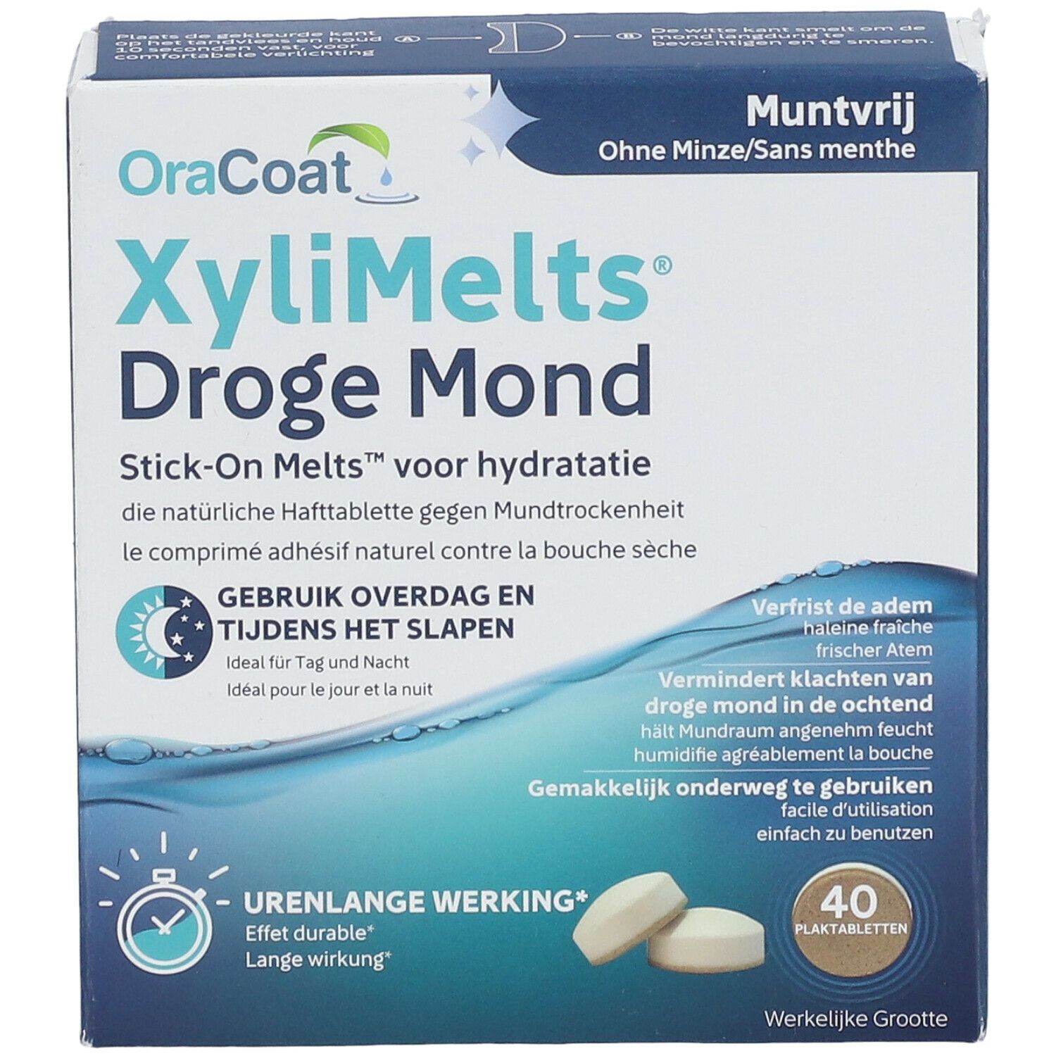 Boîte de XyliMelts. Inscription : Droge Mond. Contient 40 comprimés. Deux comprimés sont visibles.