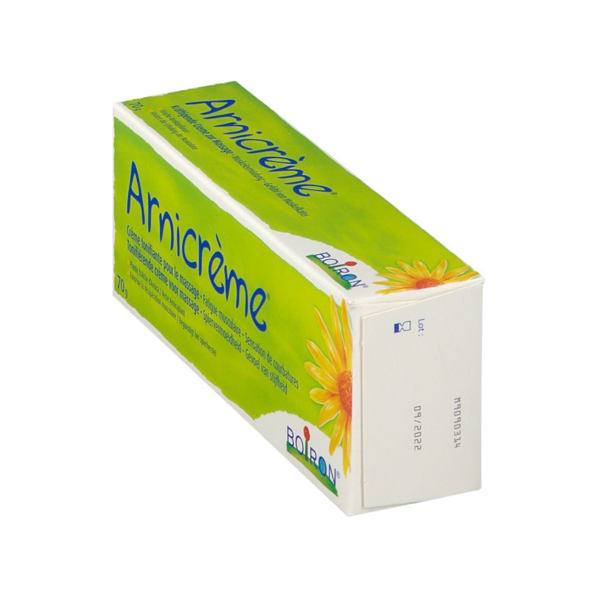 Arnicrème-Packung, schräg. Grün-weiß, mit Produktnamen und Sonnenblume. Marke BOIRON.