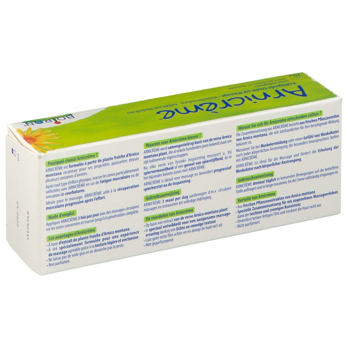 Arnicrème-Packung, Rückseite. Text in Deutsch. Marke BOIRON. Grün-weiß.