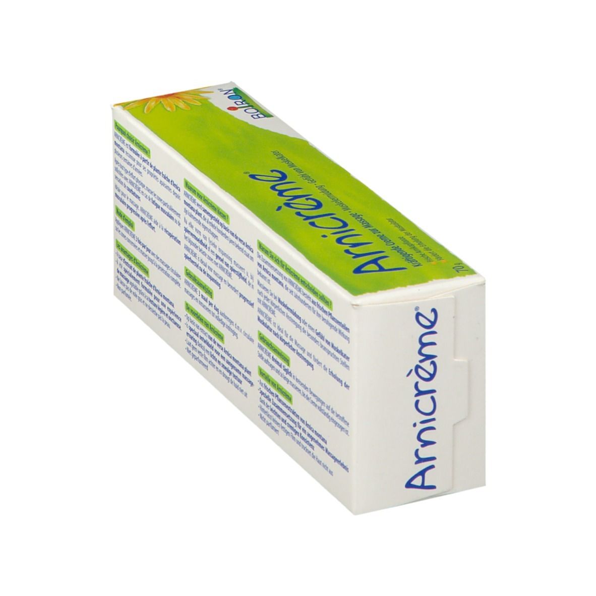Arnicrème-Packung, schräg. Text in Deutsch. Marke BOIRON. Grün-weiß.