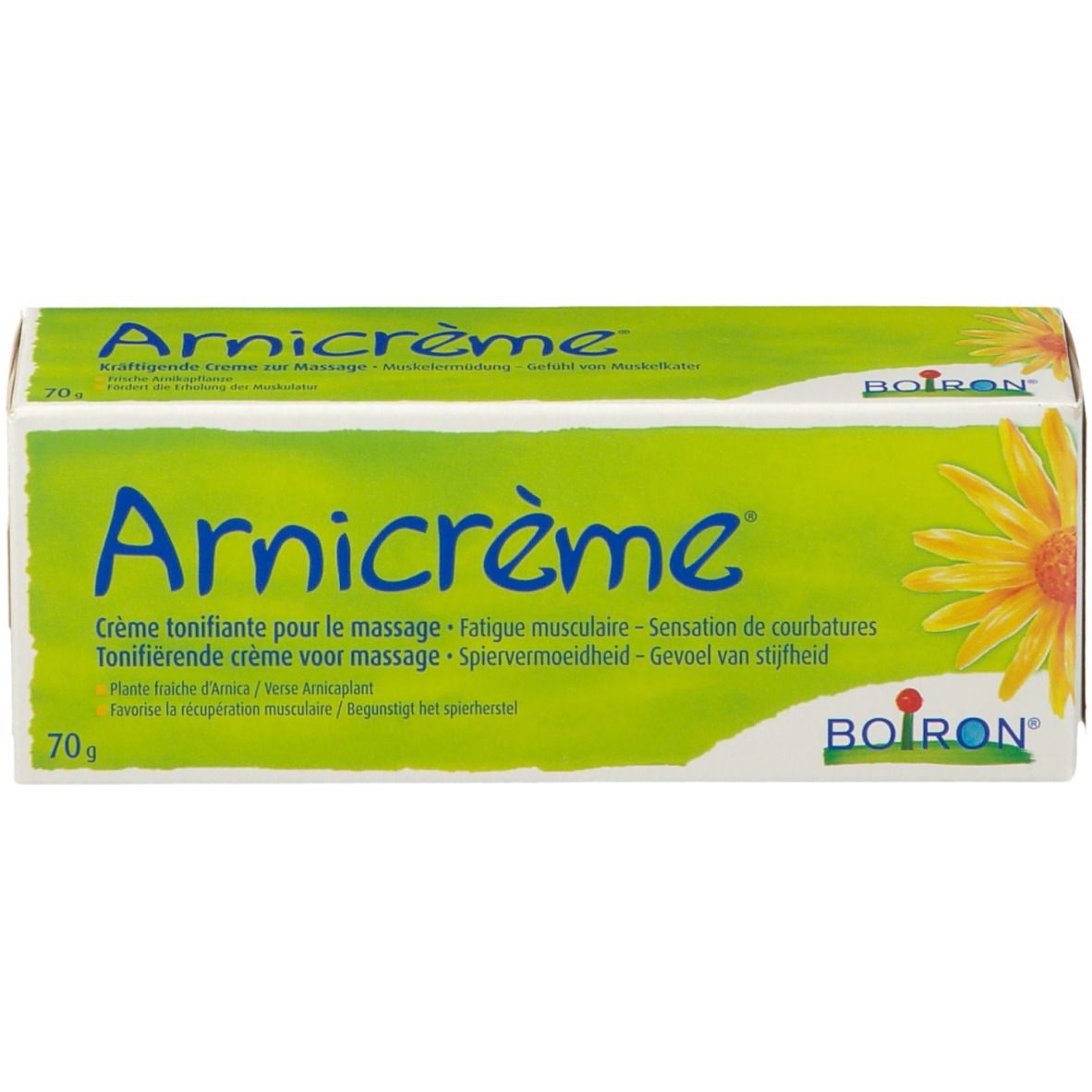 Arnicrème-Packung. Grün-weiß, mit Produktnamen und Sonnenblume. 70g. Marke BOIRON.