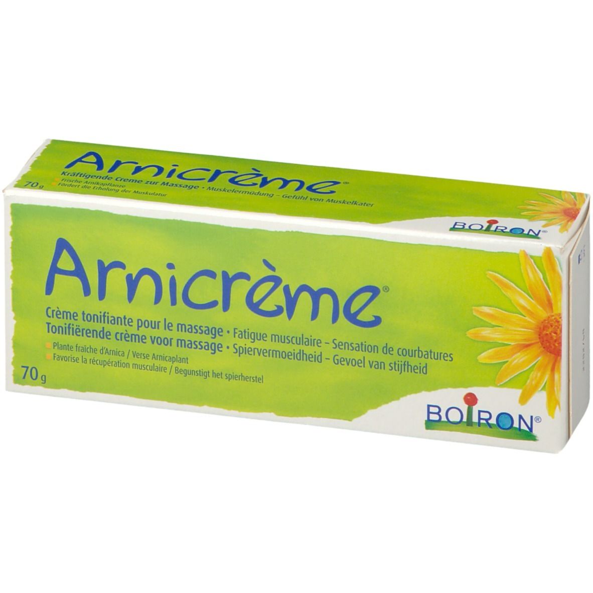 Arnicrème-Packung. Grün-weiß, mit Produktnamen und Sonnenblume. 70g. Marke BOIRON.