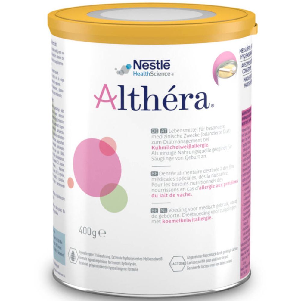 Boîte de Nestlé Althéra. Éléments roses et jaunes. 400g. Texte multilingue. Couvercle jaune.