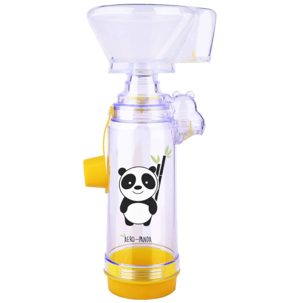 Chambre d'inhalation transparente avec éléments jaunes. Décor panda. Embout buccal, raccord de masque et illustration de panda.