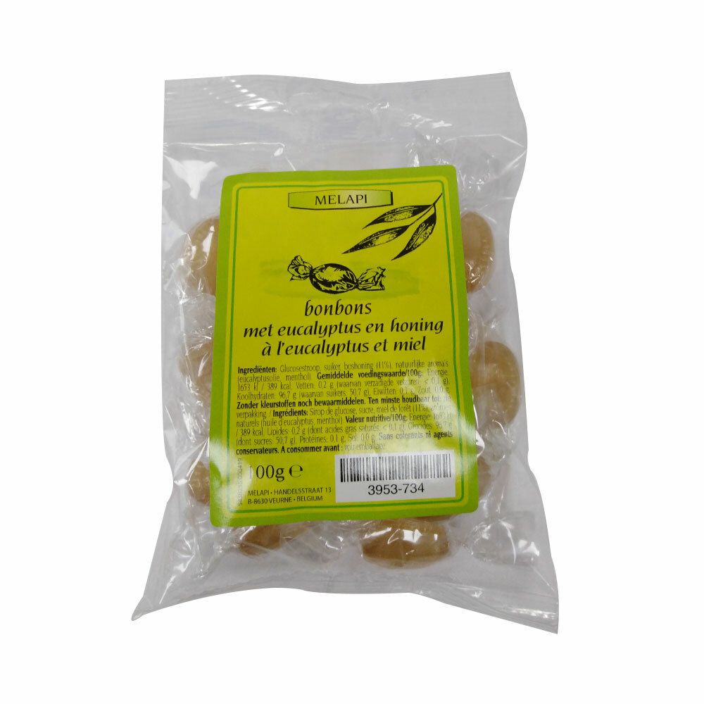 Snoepjes in transparante verpakking met groen etiket. Etiket met "Melapi", snoepillustratie, tekst. 100g.
