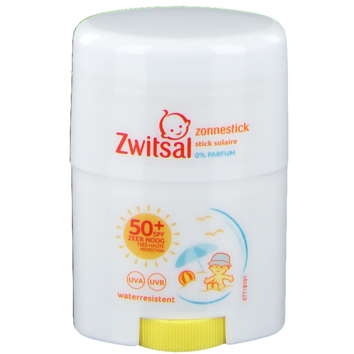 Witte Zwitsal zonnestick SPF 50+. Opschrift: zonnestick, 0% parfum. Geel draaimechanisme. Waterbestendig.