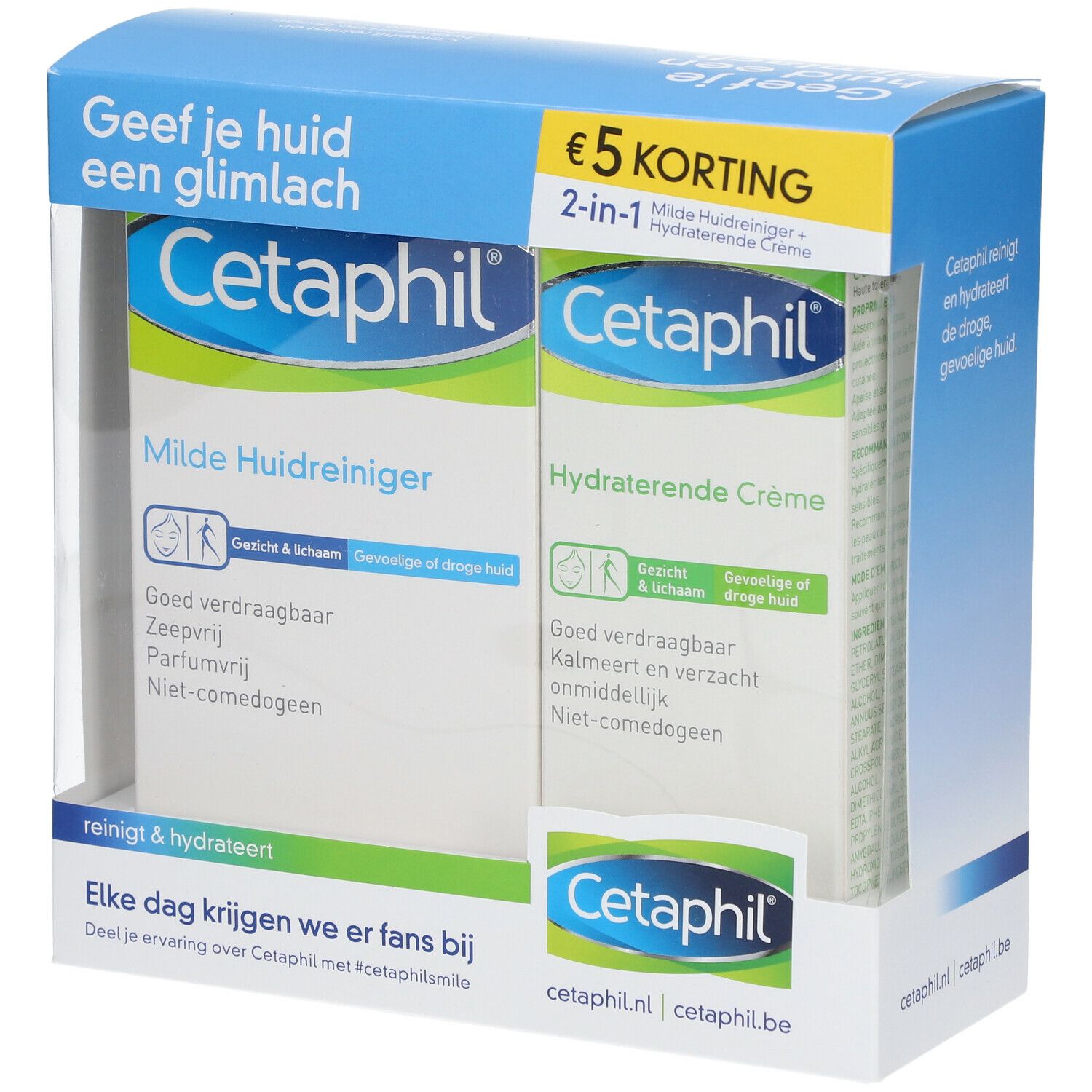 Verpackung mit zwei Cetaphil-Produkten: Milde Hautreiniger und Hydratisierende Crème. Blaue und weiße Verpackung mit Text.
