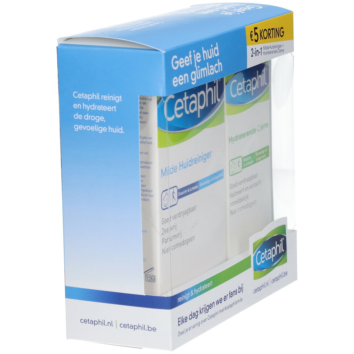 Schrägansicht der Cetaphil-Verpackung mit zwei Produkten. Blaue und weiße Verpackung mit Text.