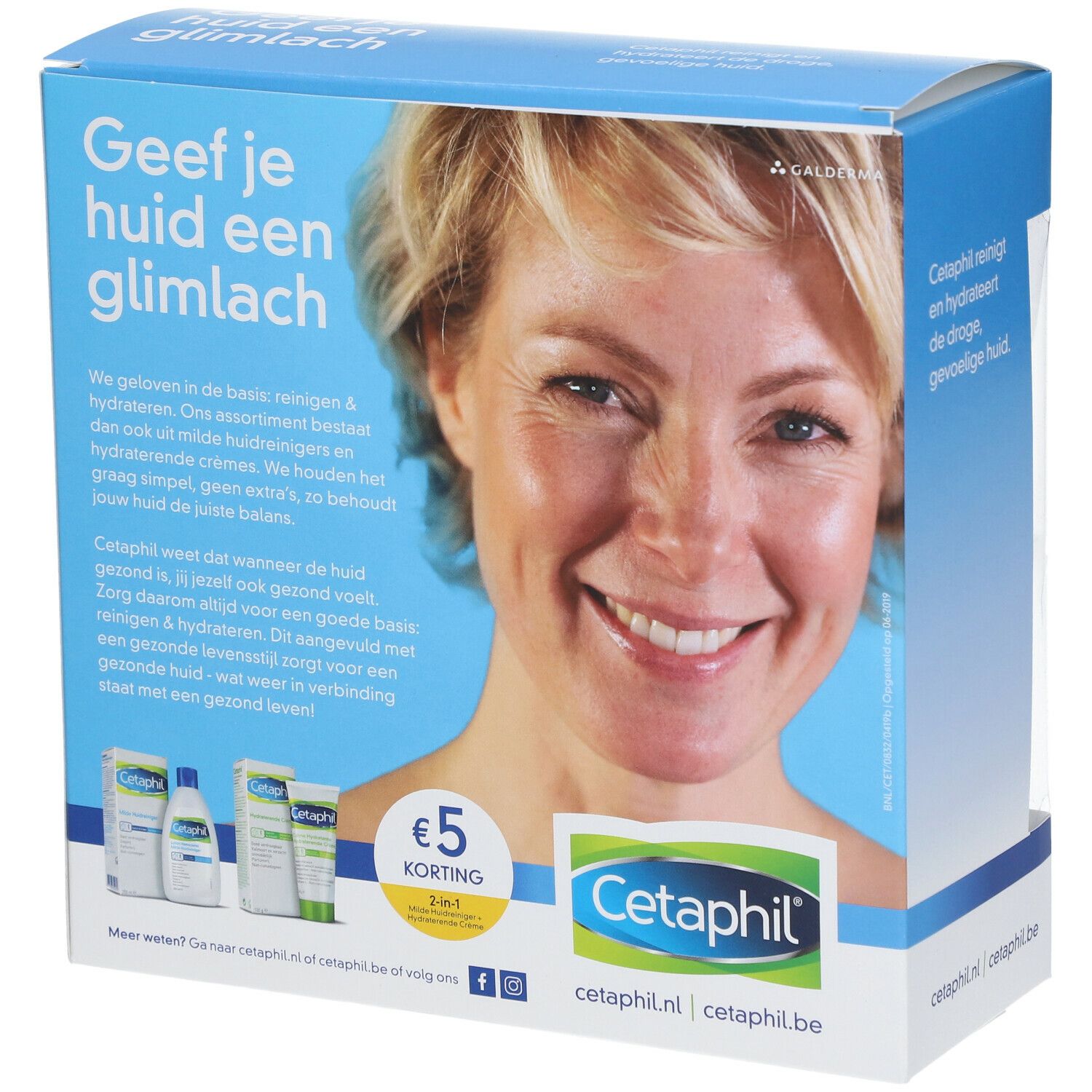Cetaphil-Verpackung mit Frauengesicht. Enthält zwei Produkte. Blaue und weiße Verpackung mit Text.