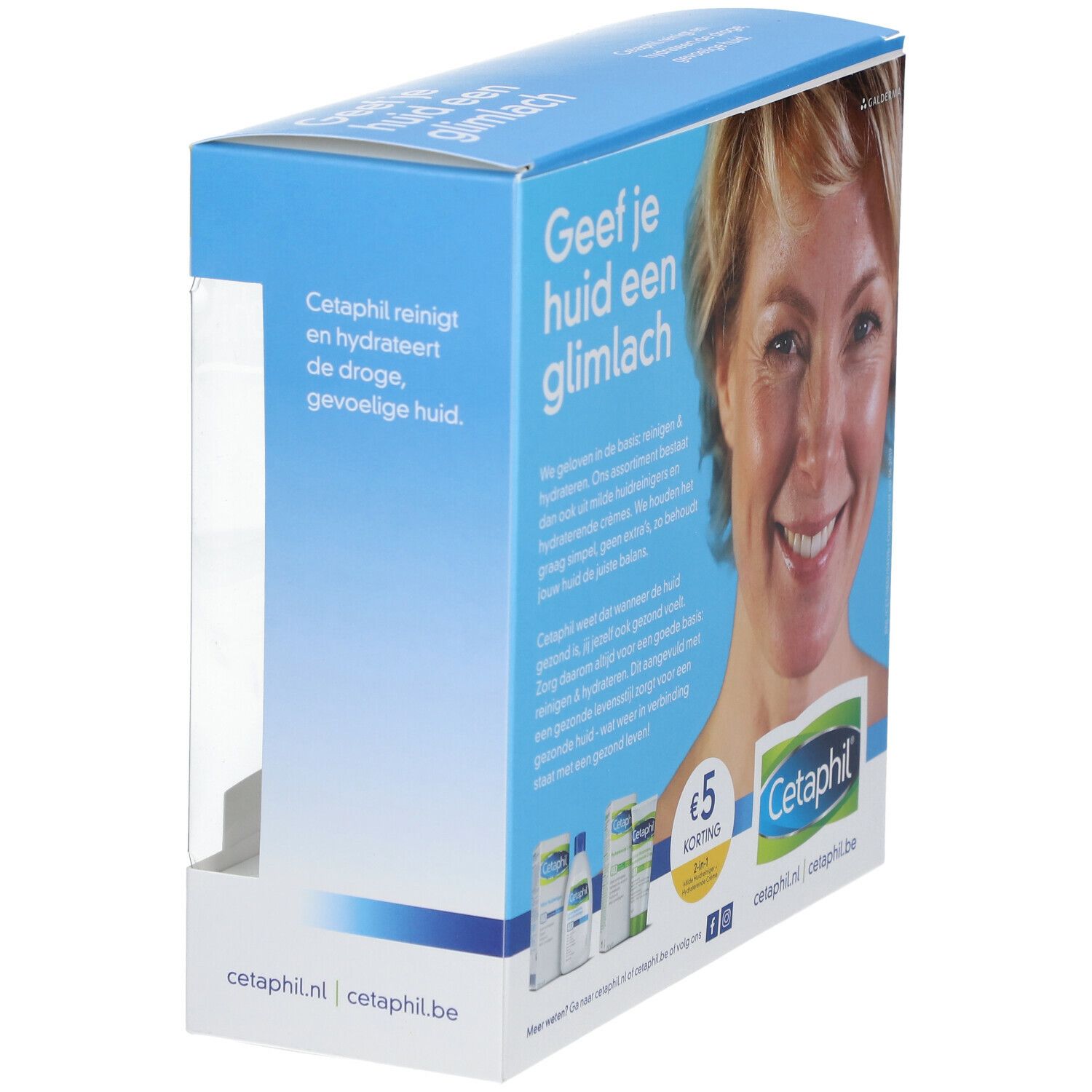 Schrägansicht der Cetaphil-Verpackung mit Frauengesicht. Blaue und weiße Verpackung mit Text.