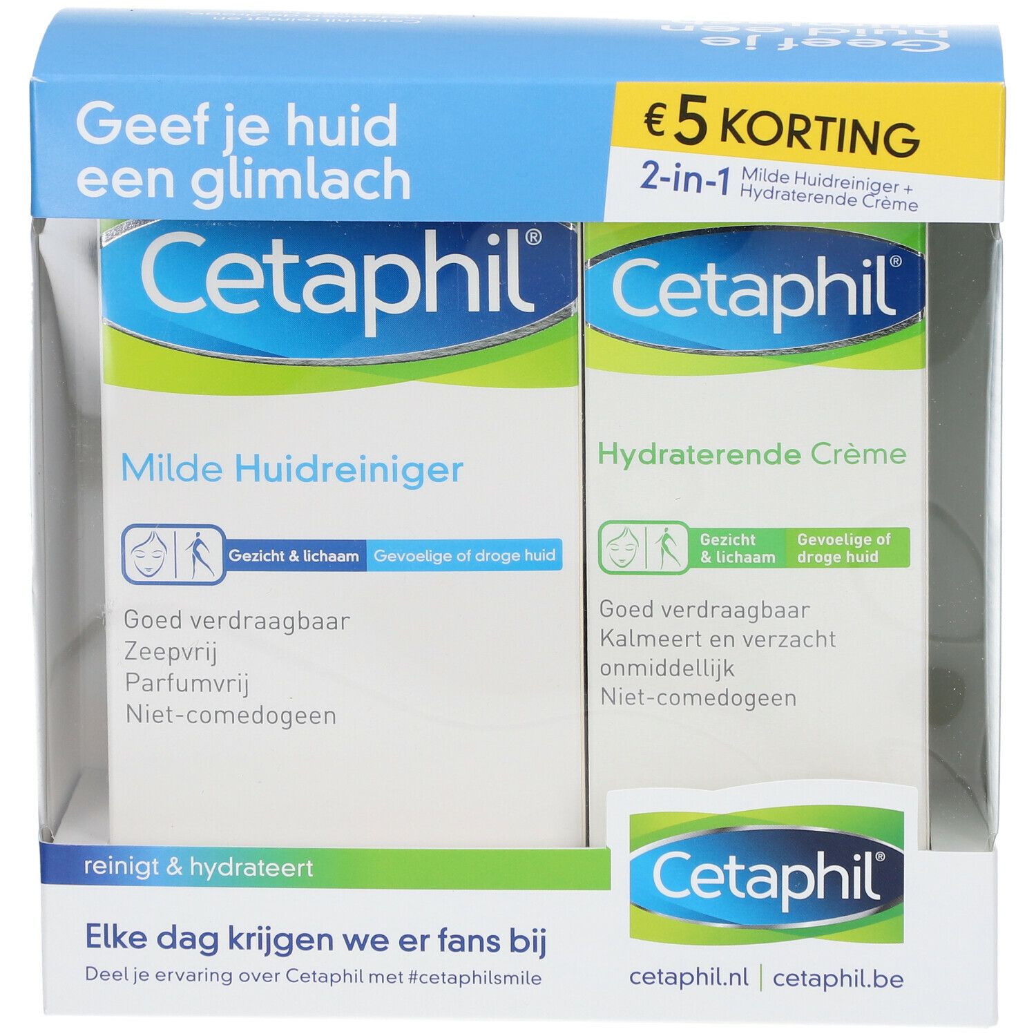 Cetaphil-Verpackung mit zwei Produkten: Milde Hautreiniger und Hydratisierende Crème. Blaue und weiße Verpackung.