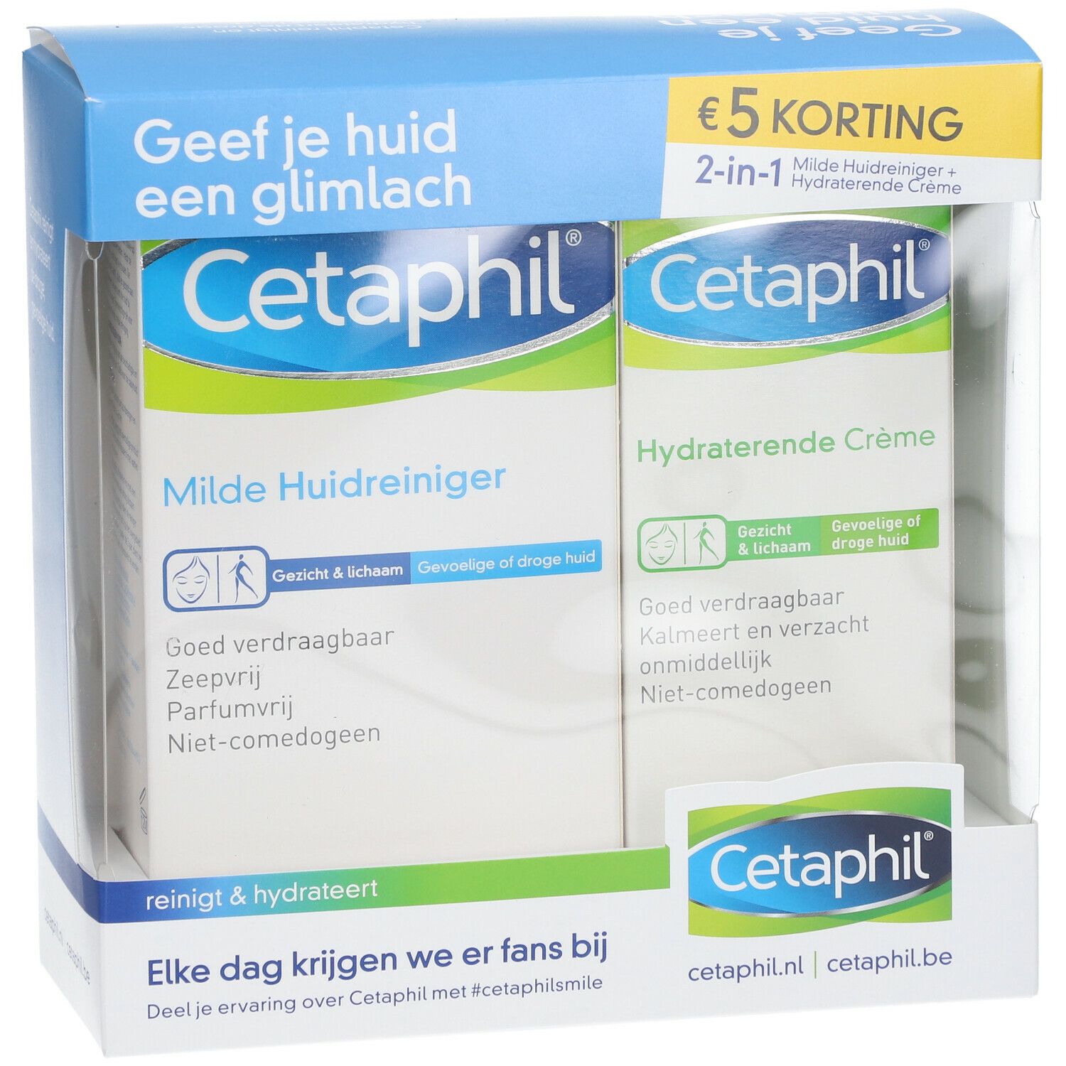 Cetaphil-Verpackung mit zwei Produkten: Milde Hautreiniger und Hydratisierende Crème. Blaue und weiße Verpackung.