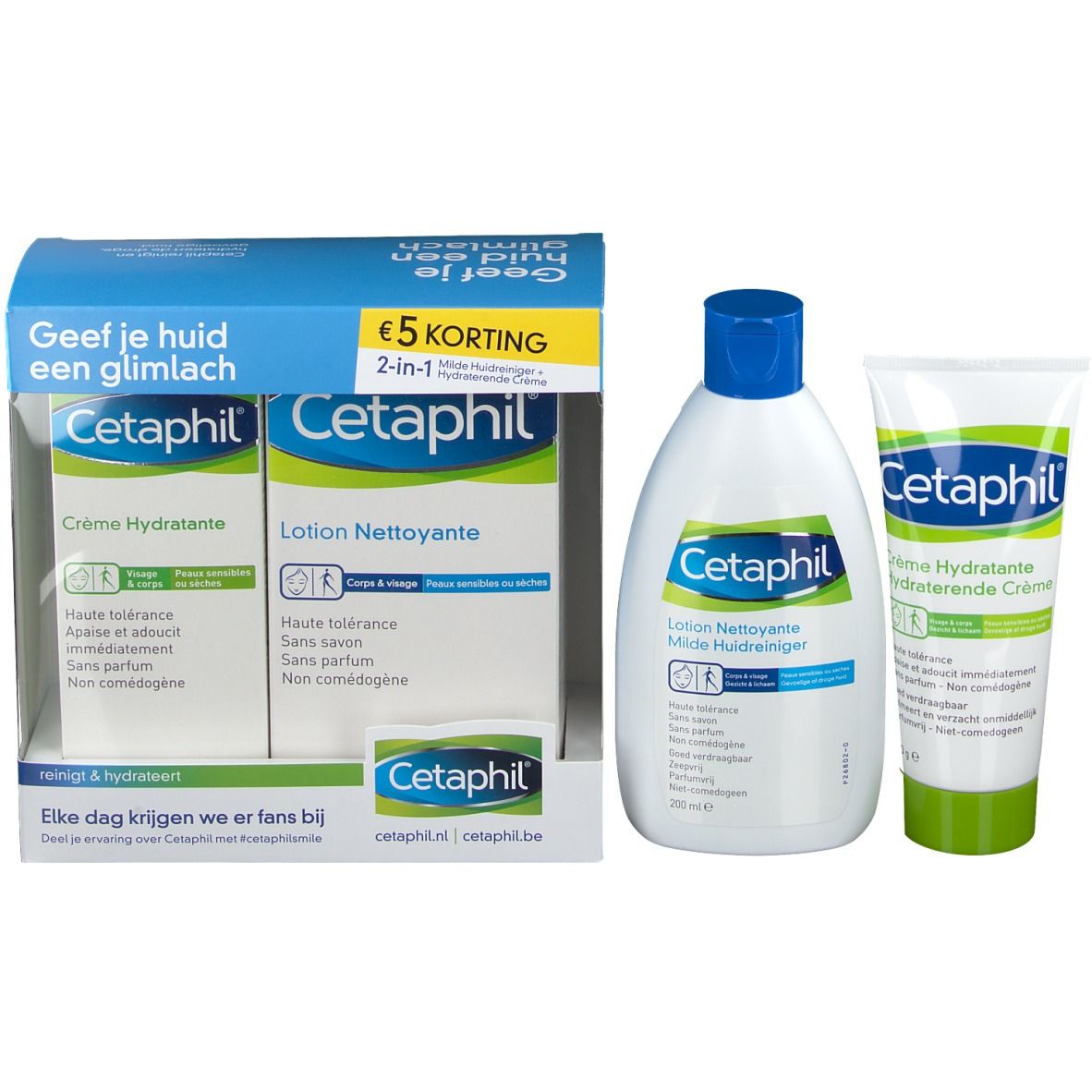 Cetaphil-Produkte: Crème Hydratante, Lotion Nettoyante und eine weitere Crème. Weiße Flaschen und Tuben.