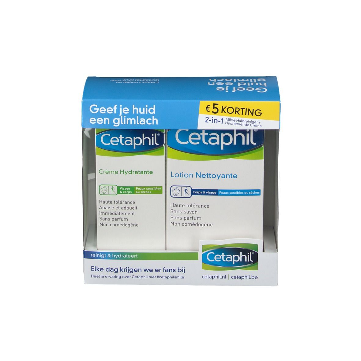 Cetaphil-Verpackung mit Crème Hydratante und Lotion Nettoyante. Blaue und weiße Verpackung.