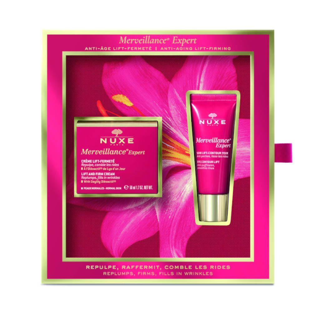 Coffret cadeau rose avec crème et soin contour des yeux. Motif floral. Inscriptions : Merveillance Expert, Crème Lift-Fermeté, Anti-âge.