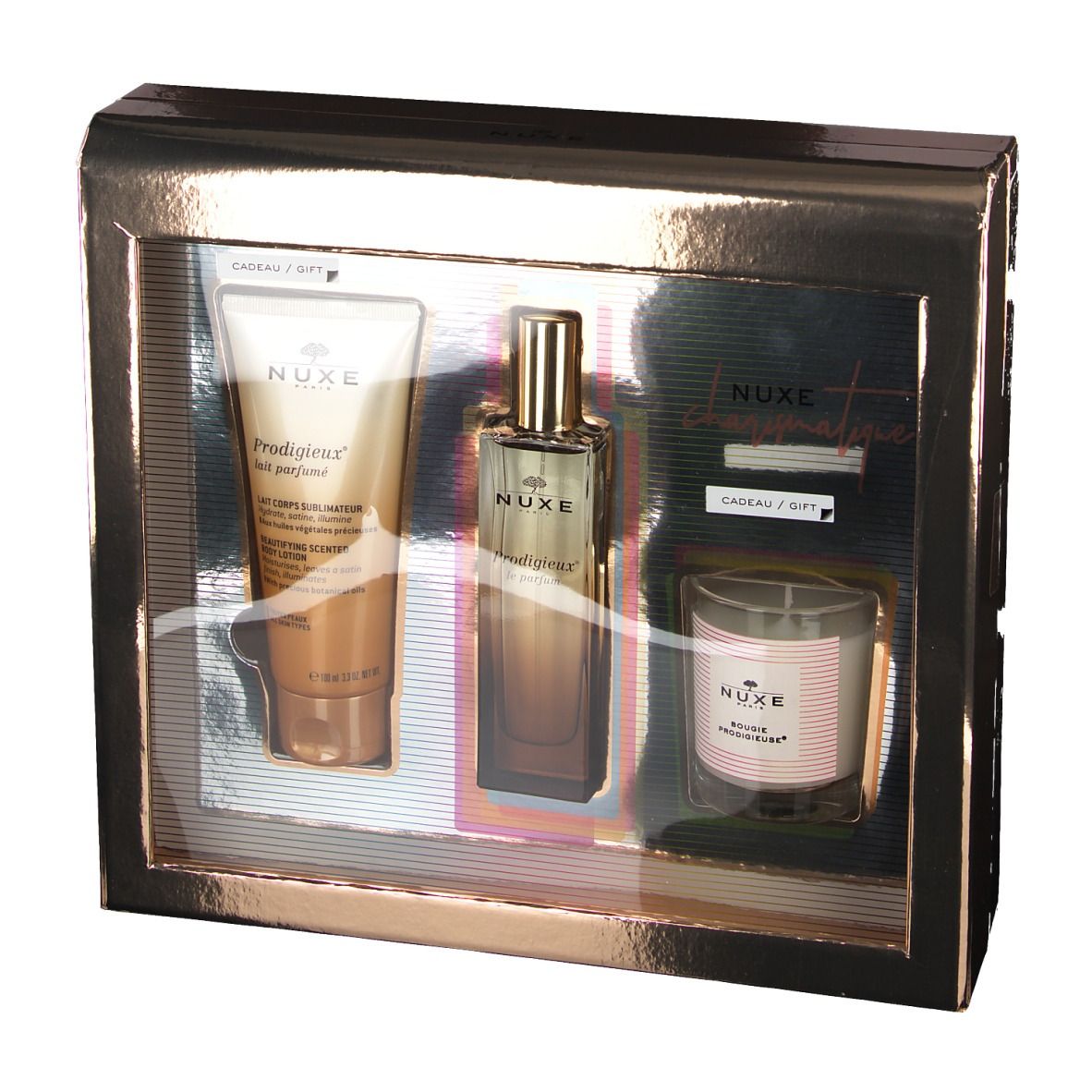 Cadeauset met bodylotion, parfum en geurkaars. Producten in een geschenkverpakking. NUXE-logo en productnamen zichtbaar.