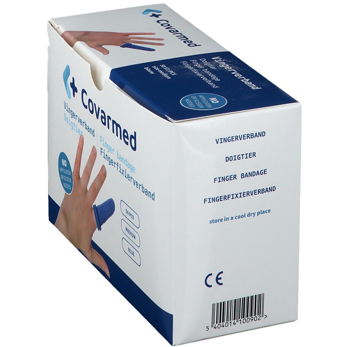 Boîte de bandages bleus pour doigts. Inscription : Covarmed, Fingerverband, 50 pièces, Medium, Bleu. Marque CE et code-barres.