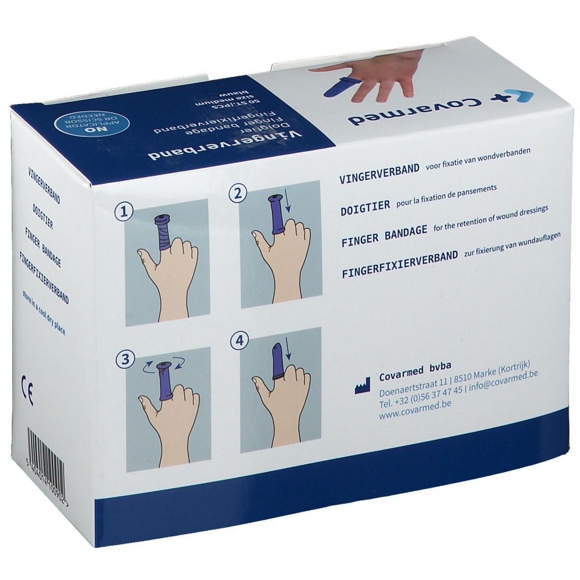 Boîte de bandages bleus pour doigts. Illustrations montrant l'application. Inscription : Covarmed, Fingerverband. Marque CE.