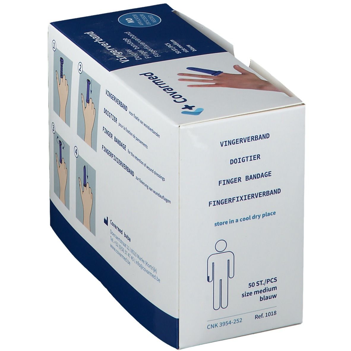 Boîte de bandages bleus pour doigts. Illustrations montrant l'application. Inscription : Covarmed, Fingerverband, 50 pièces, Medium, Bleu.
