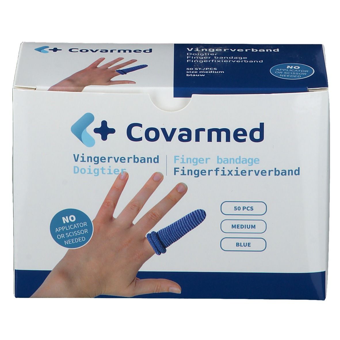 Boîte de bandages bleus pour doigts. Inscription : Covarmed, Fingerverband, 50 pièces, Medium, Bleu. Doigt avec bandage.