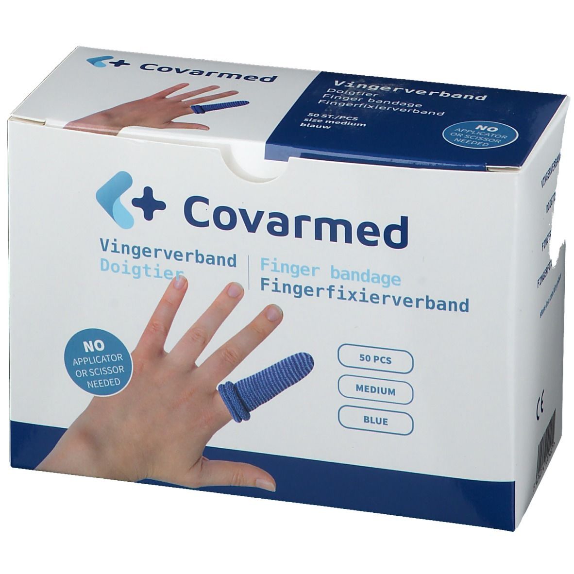 Boîte de bandages bleus pour doigts. Inscription : Covarmed, Fingerverband, 50 pièces, Medium, Bleu. Doigt avec bandage.