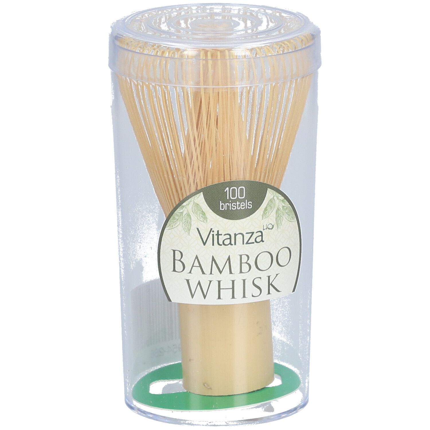 Fouet en bambou dans un emballage transparent. Étiquette avec "Vitanza BAMBOO WHISK" et "100 Bristels".