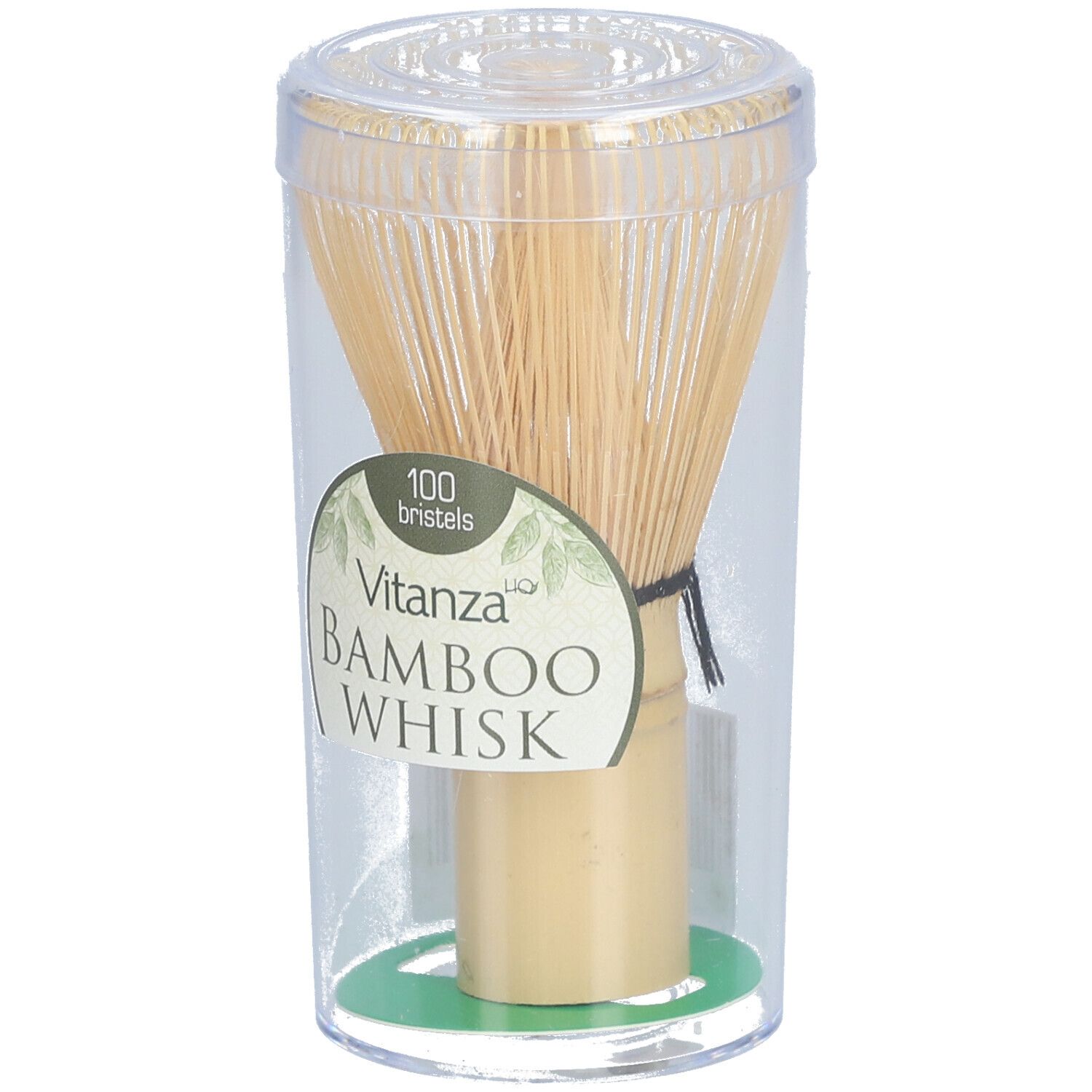 Fouet en bambou dans un emballage transparent. Anneau noir sur le manche. Étiquette avec "Vitanza BAMBOO WHISK" et "100 Bristels".