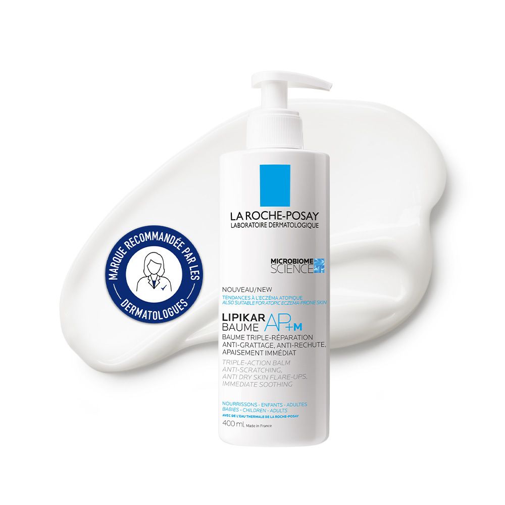 Flacon blanc avec logo bleu. Texte : LA ROCHE-POSAY, LIPIKAR BAUME AP+M. Recommandé par les dermatologues.