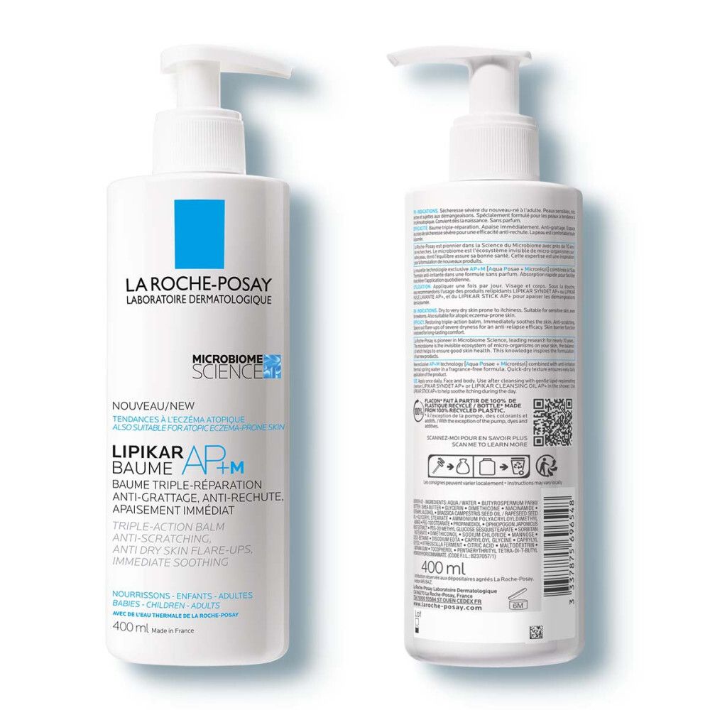 Twee witte flessen met blauw logo. Tekst: LA ROCHE-POSAY, LIPIKAR BAUME AP+M. Achterkant met tekst en QR-code.