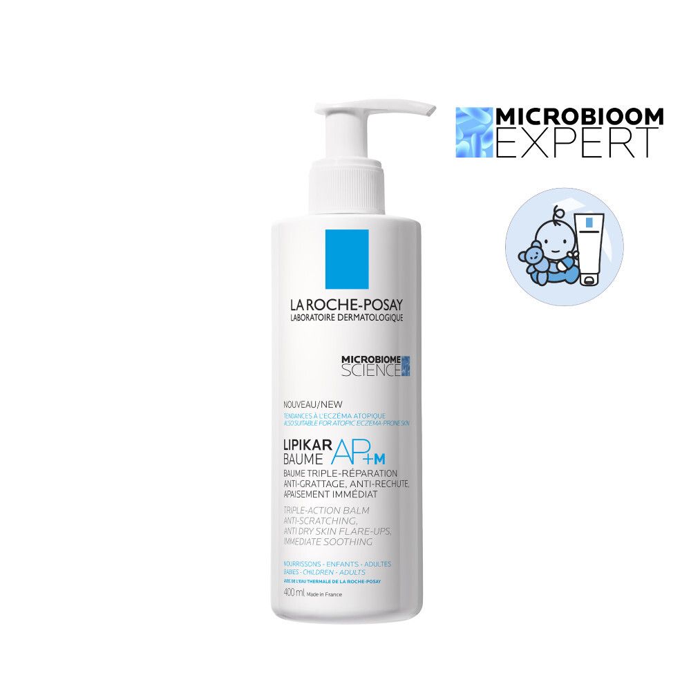 Witte fles met blauw logo. Tekst: LA ROCHE-POSAY, LIPIKAR BAUME AP+M. Babysymbool.