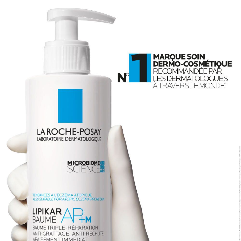 Flacon blanc avec logo bleu. Texte : LA ROCHE-POSAY, LIPIKAR BAUME AP+M. Recommandation dermatologique.