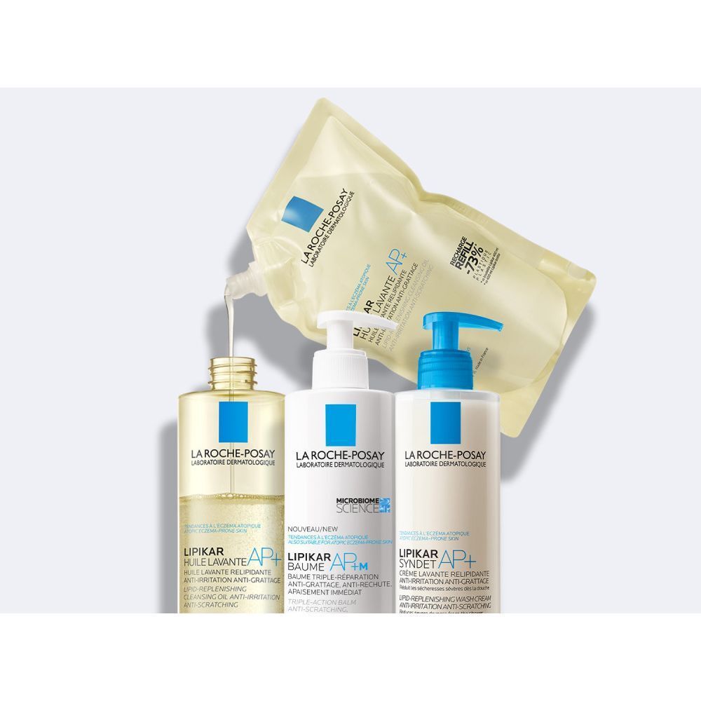 Trois produits : huile, distributeur, flacon. Texte : LA ROCHE-POSAY, LIPIKAR. Emballage jaune et bleu.