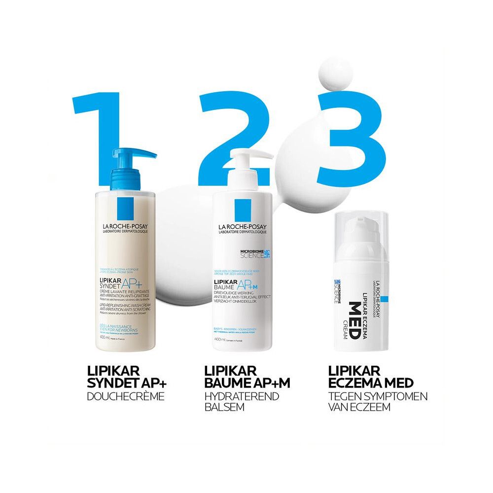 Drie producten: LIPIKAR SYNDET AP+, LIPIKAR BAUME AP+M, LIPIKAR ECZEMA MED. Blauwe logo's.