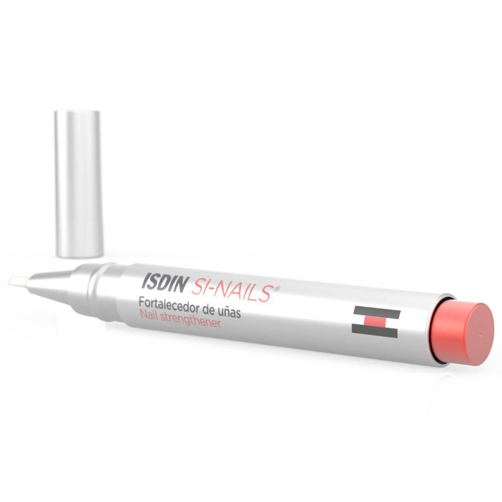 ISDIN Si-Nails fortifiant pour ongles. Stylo argenté avec bouchon rouge. Pointe et bouchon à côté. Nom du produit visible.