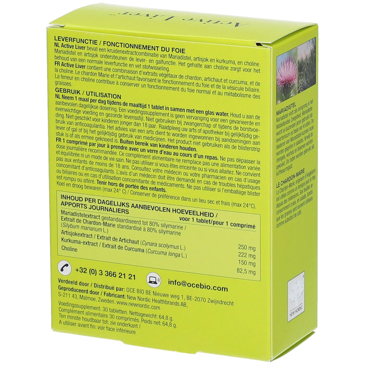 Boîte verte Active Liver. Dos avec informations sur les ingrédients, le dosage et le fabricant. Texte multilingue.