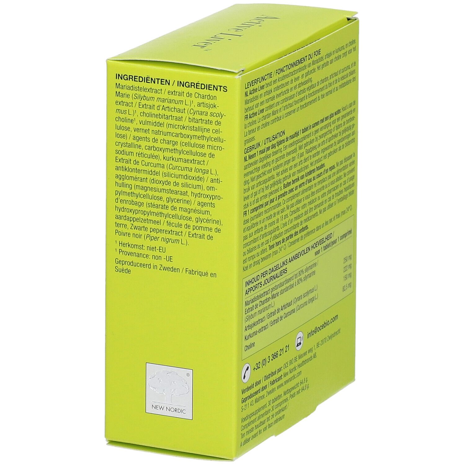 Boîte verte Active Liver. Dos avec ingrédients et informations nutritionnelles. Texte multilingue. Marque New Nordic.