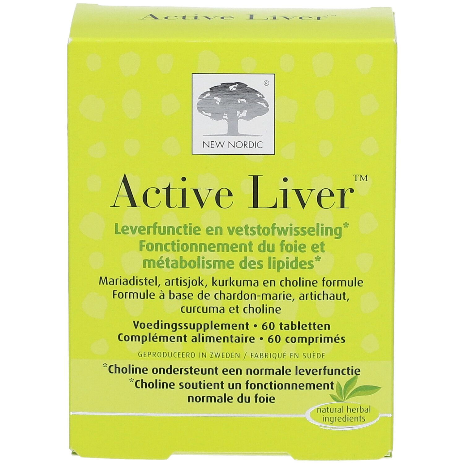 Boîte verte Active Liver. Face avant avec nom du produit, marque New Nordic et 60 comprimés. Texte multilingue.