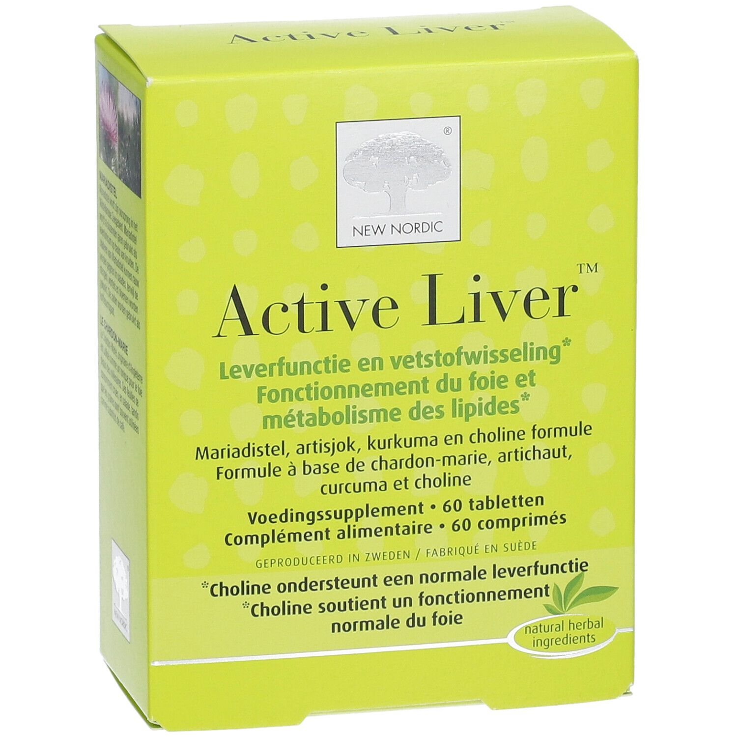 Boîte verte Active Liver. Face avant avec nom du produit, marque New Nordic et 60 comprimés. Texte multilingue.
