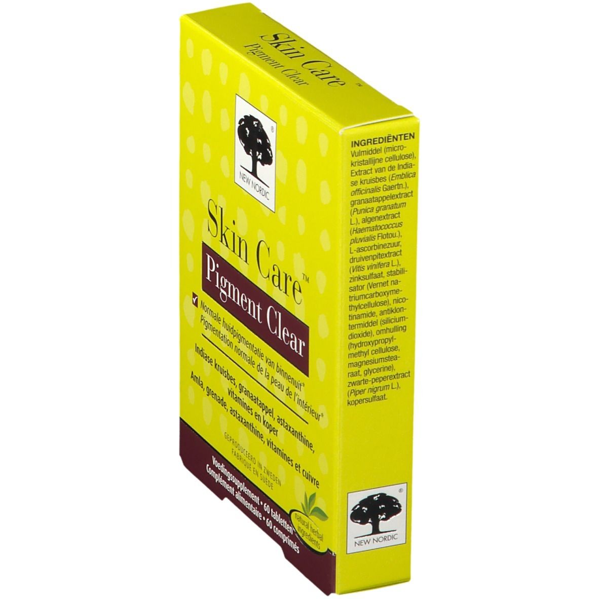 Boîte jaune Skin Care Pigment Clear, en biais. Texte: New Nordic, 60 comprimés, ingrédients. Écriture verte et marron.