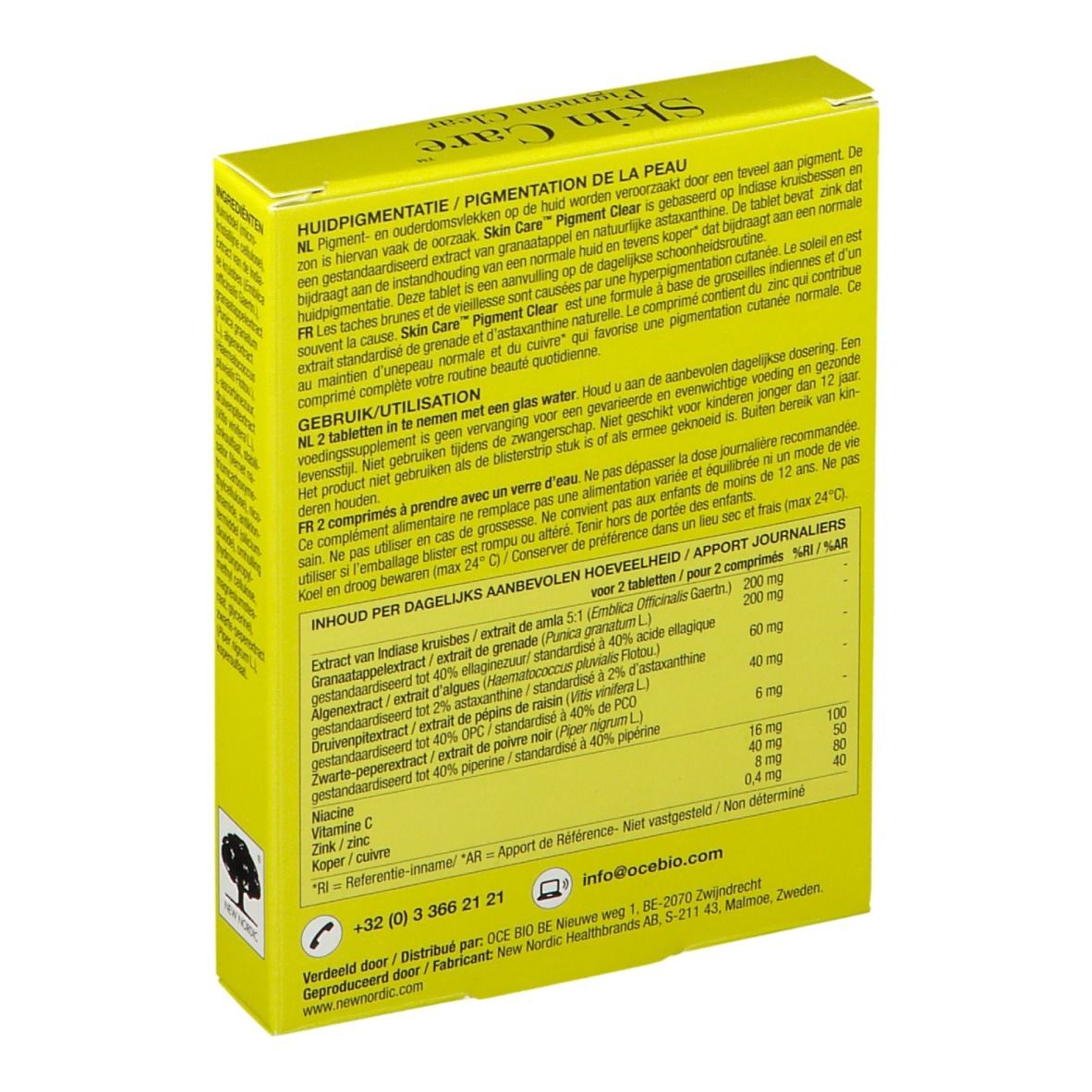 Dos de la boîte jaune Skin Care Pigment Clear. Texte: Ingrédients, mode d'emploi. Écriture verte et marron.