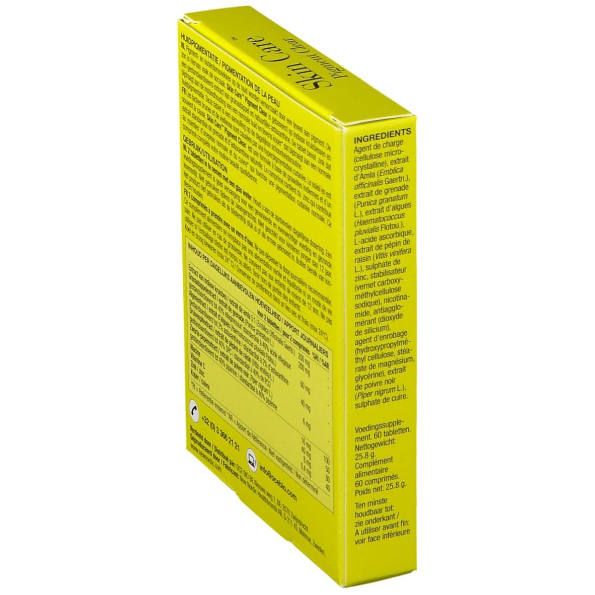 Dos en biais de la boîte jaune Skin Care Pigment Clear. Texte: Ingrédients, mode d'emploi. Écriture verte et marron.