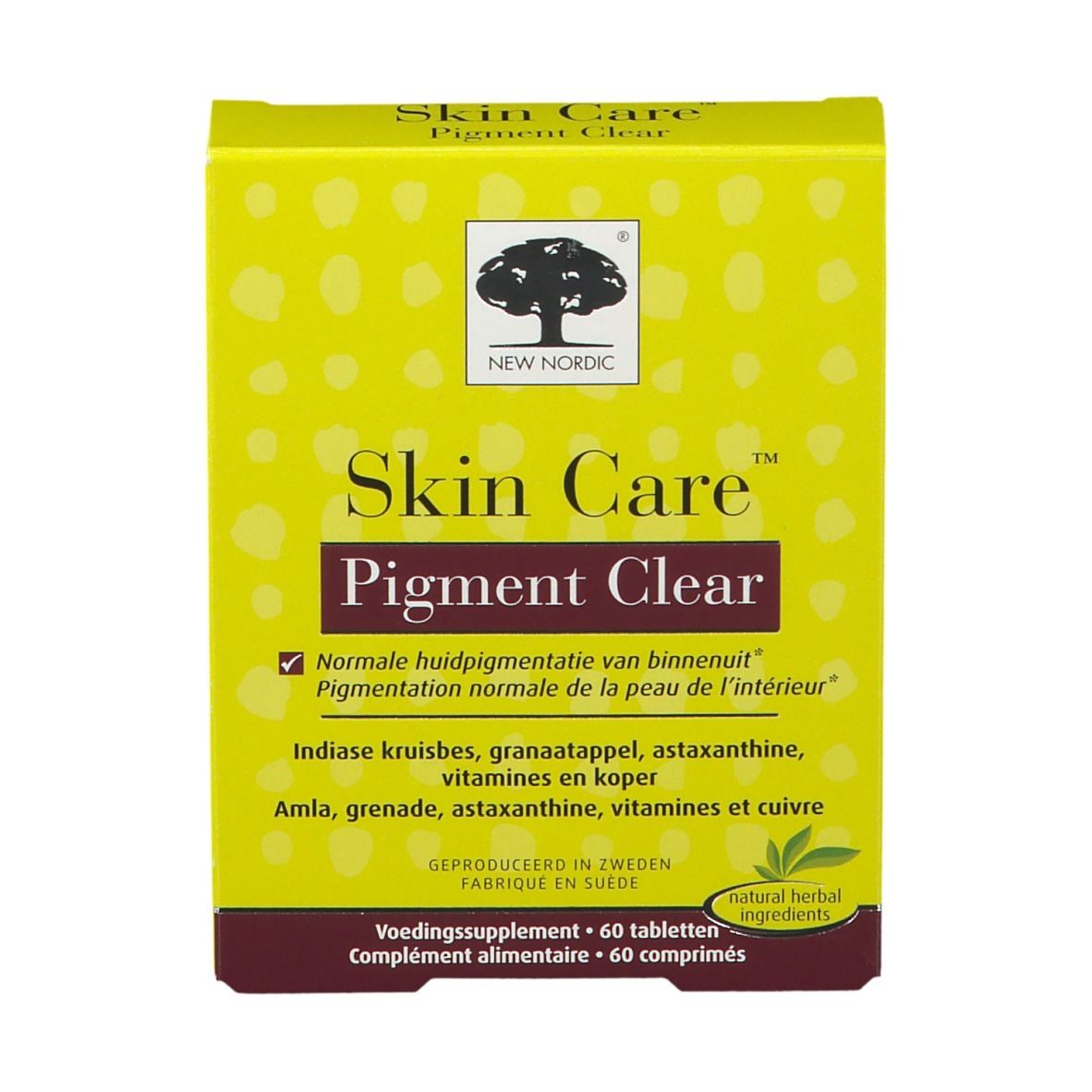 Boîte jaune Skin Care Pigment Clear. Texte: New Nordic, 60 comprimés, ingrédients. Écriture verte et marron.