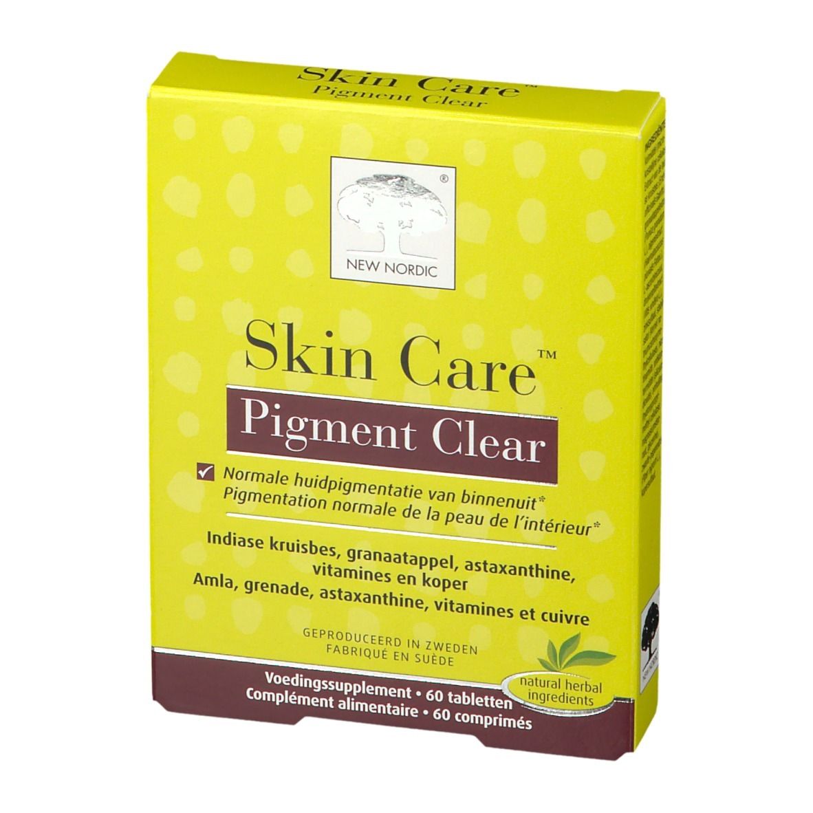 Boîte jaune Skin Care Pigment Clear. Texte: New Nordic, 60 comprimés, ingrédients. Écriture verte et marron.