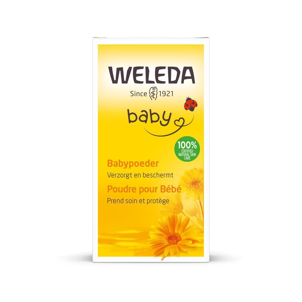 Rechteckige Verpackung mit gelbem Design. Aufschrift: WELEDA baby, Babypuder. Mit Marienkäfer-Illustration.