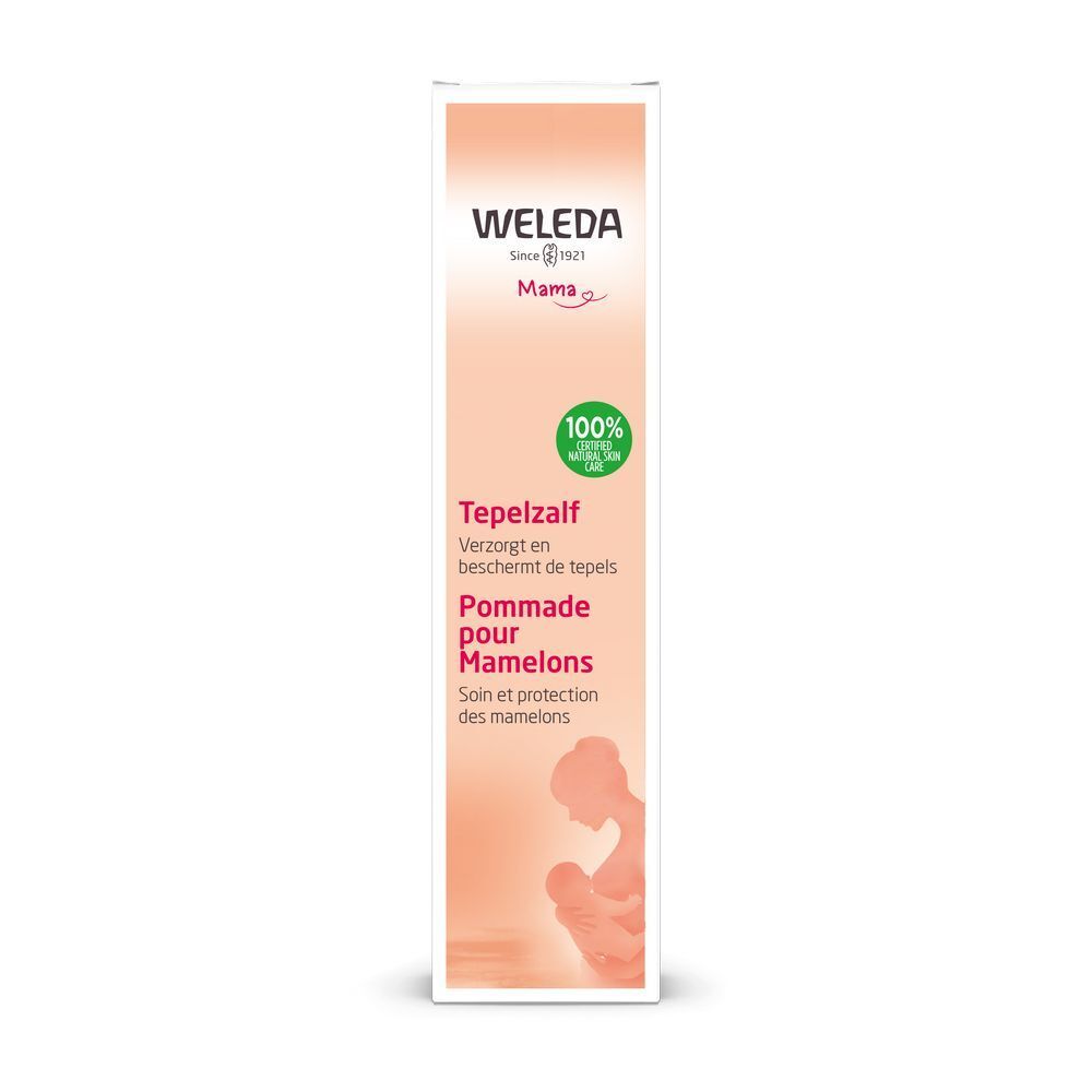 Weleda Mama Brustwarzensalbe Verpackung. Schlanke, hohe Box mit rosa Design. Text: Tepelzalf, Pommade pour mamelons. 100% zertifizierte Naturkosmetik.
