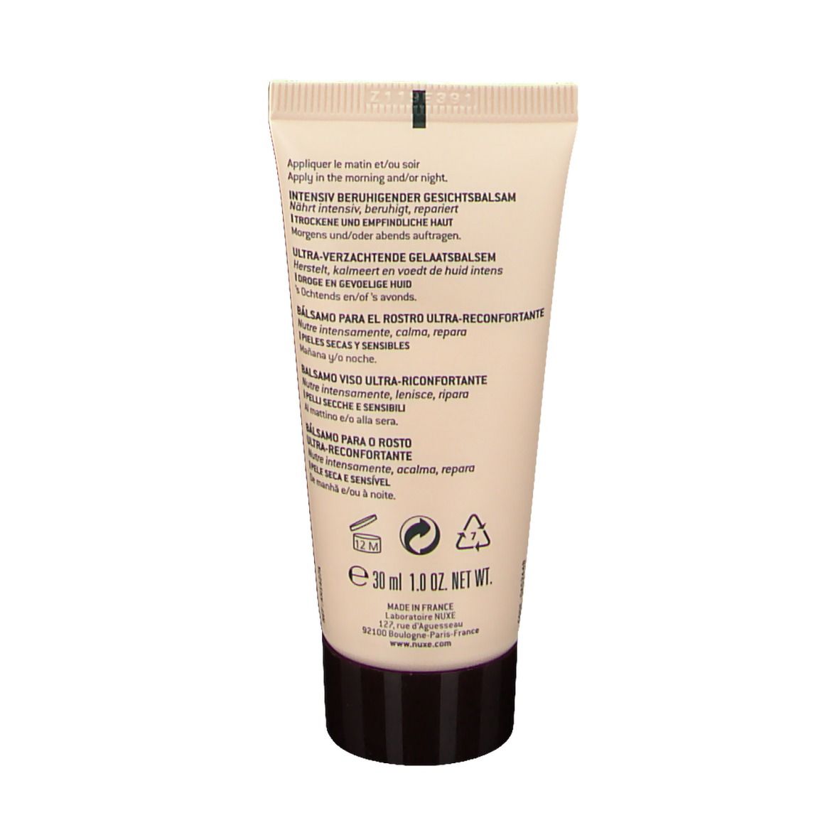 Dos du tube de crème. Texte multilingue. NUXE reve de miel ®. 30 ml, 1.0 FL. OZ. NET WT.