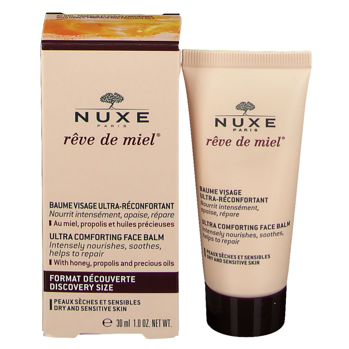 Emballage et tube. Boîte et tube avec nom et description du produit. NUXE reve de miel ®.